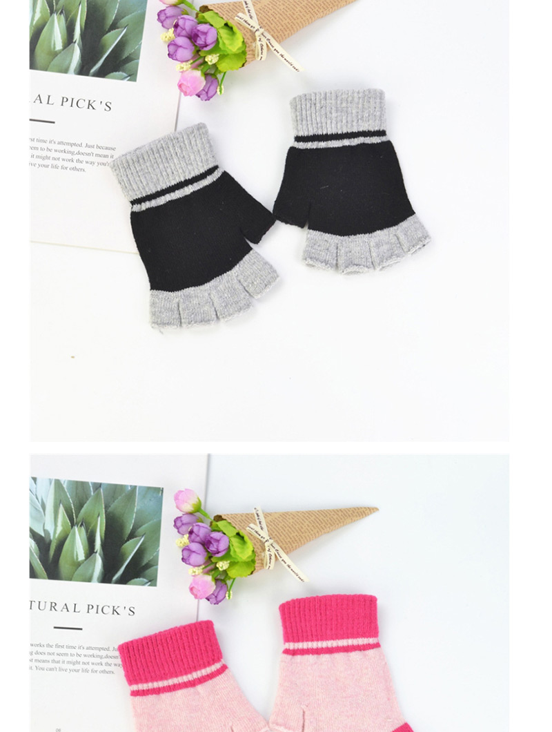 Fashion Pink Wool-blend Colorblock Half Finger Gloves,Fingerless Gloves