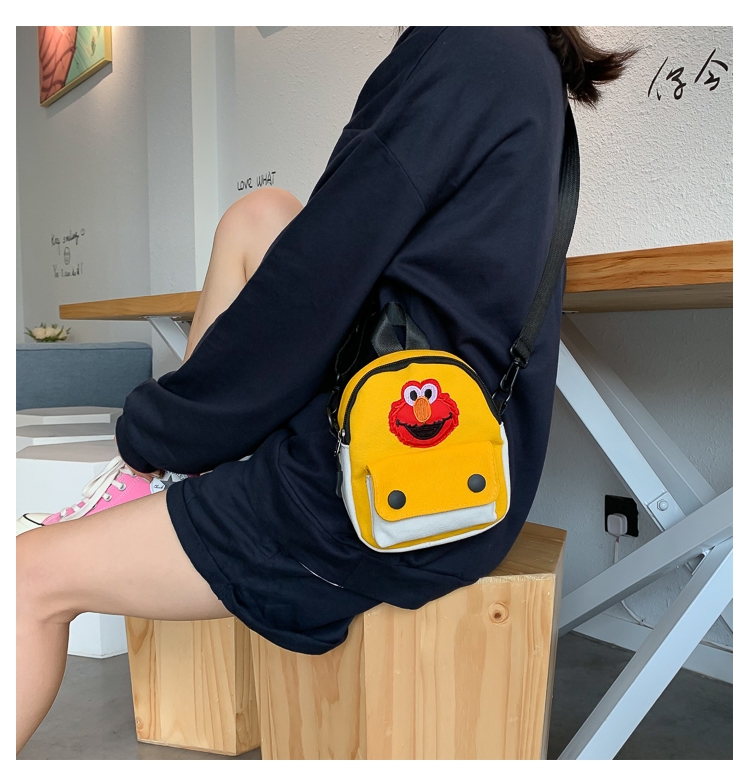 Fashion Yellow Contrast Color Mosaic Cartoon Embroidery Shoulder Diagonal Package,Backpack