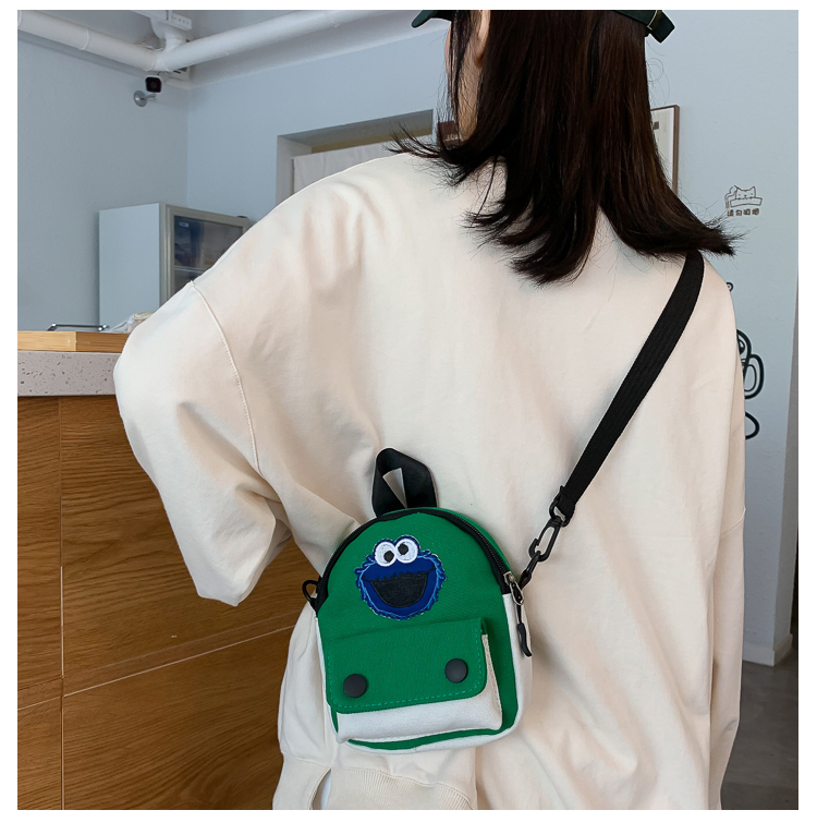Fashion Green Contrast Color Mosaic Cartoon Embroidery Shoulder Diagonal Package,Backpack