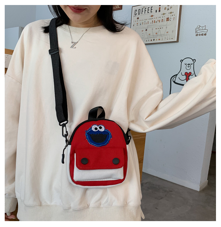 Fashion Red Contrast Color Mosaic Cartoon Embroidery Shoulder Diagonal Package,Backpack