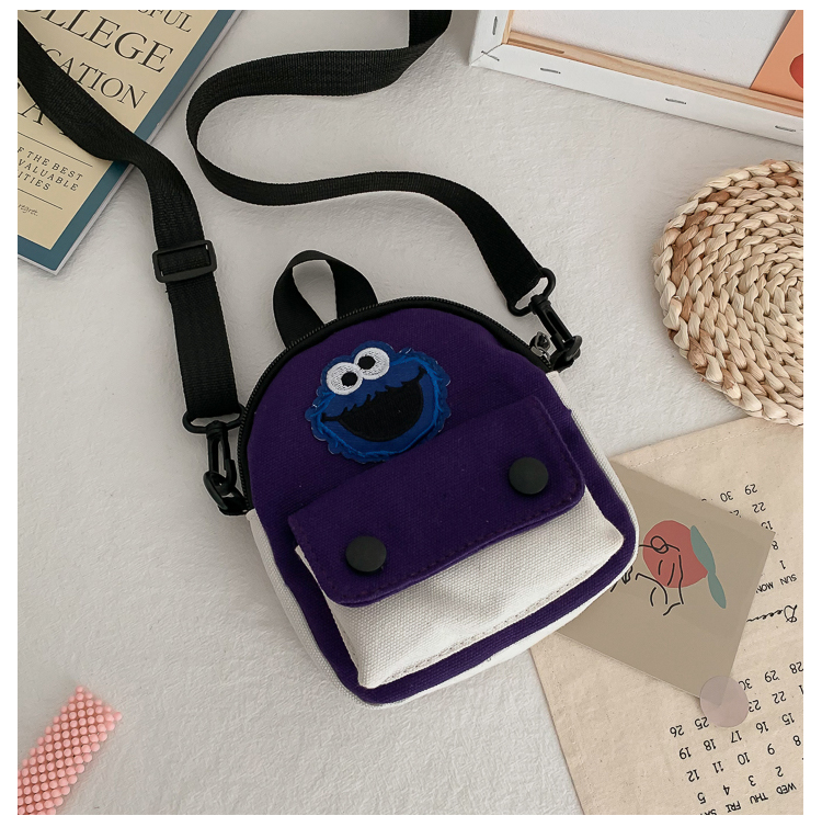 Fashion Black Contrast Color Mosaic Cartoon Embroidery Shoulder Diagonal Package,Backpack