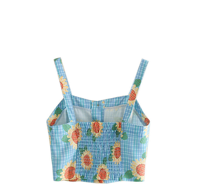Fashion Blue Sun Flower Print Sling Single-breasted Vest,Tank Tops & Camis