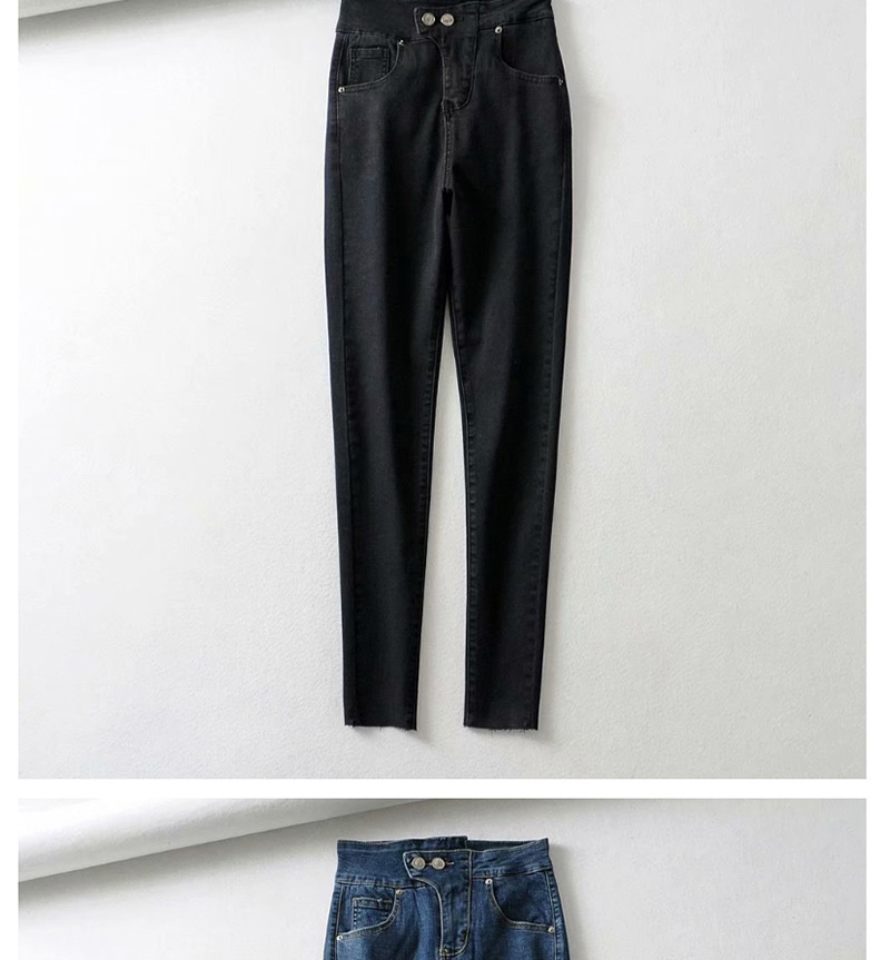 Fashion Black Washed 2 Buttons With Irregular Raw Jeans,Denim