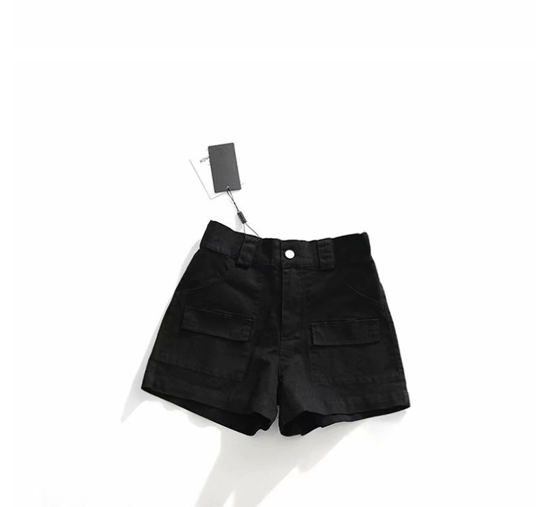 Fashion Black Washed Elastic Waist Elastic Tooling Shorts,Shorts