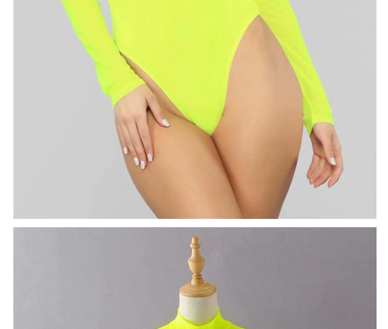 Fashion Fluorescent Yellow Mesh Fluorescent Long Sleeve Jumpsuit,Bodysuits
