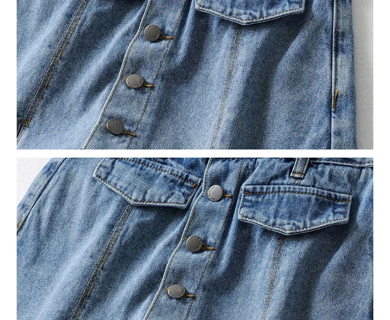 Fashion Blue Washed Fake Pocket Single-breasted High-waist Denim Skirt,Denim