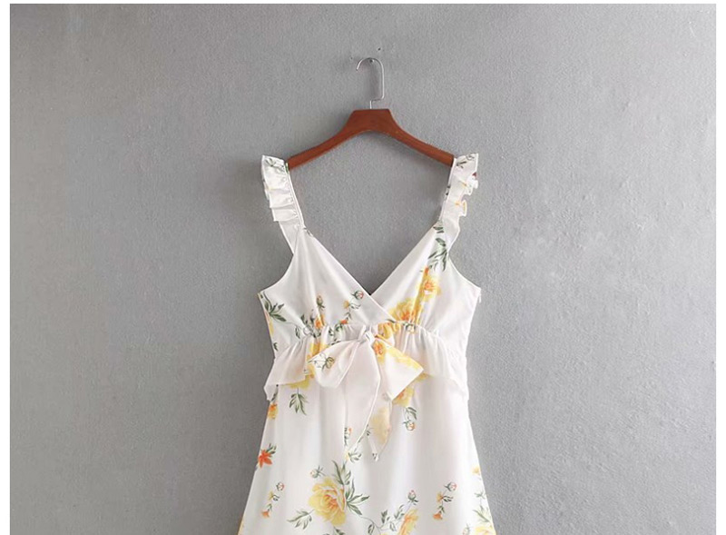 Fashion White Ruffled Flower Print Strap Dress,Mini & Short Dresses
