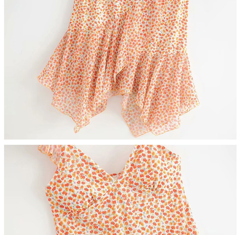 Fashion Orange Flower Print Irregular Sling Dress,Long Dress