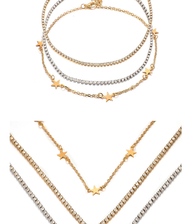 Fashion Gold Square Diamond Star Multi-layer Alloy Necklace,Multi Strand Necklaces