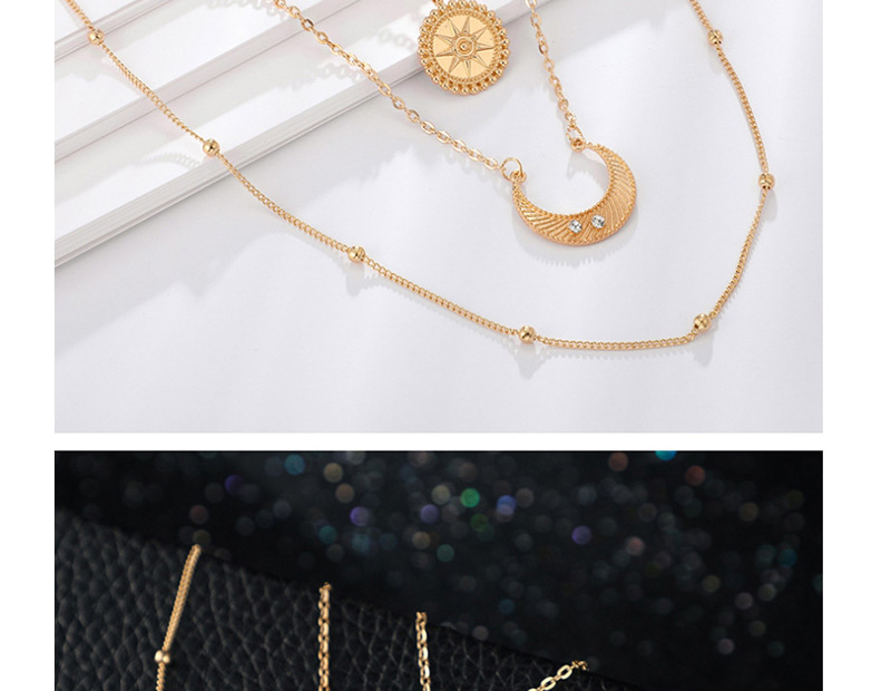 Fashion Gold Small Round Bead Sun Moon Three-layer Alloy Necklace,Multi Strand Necklaces