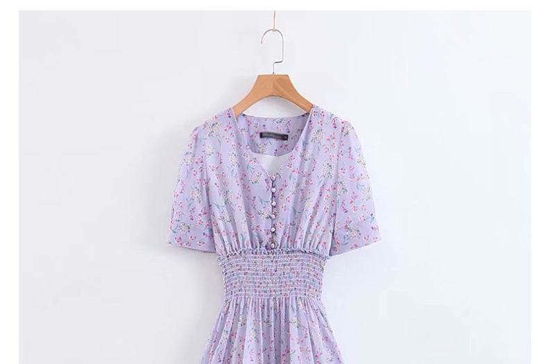 Fashion Purple Small Floral V-neck Ruffled Elastic Waist Dress,Mini & Short Dresses