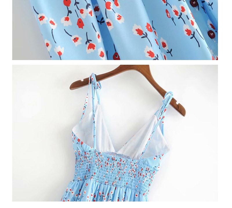 Fashion Blue Sling V-neck Flower Print Halter Dress,Long Dress