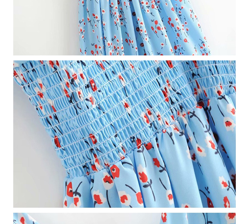 Fashion Blue Sling V-neck Flower Print Halter Dress,Long Dress