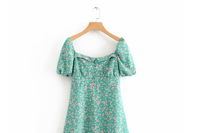 Fashion Green Printed Short-sleeved Square-neck Dress,Mini & Short Dresses