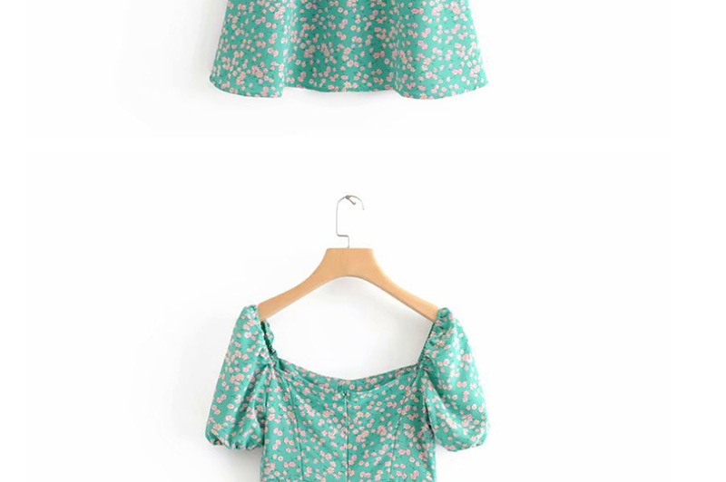 Fashion Green Printed Short-sleeved Square-neck Dress,Mini & Short Dresses