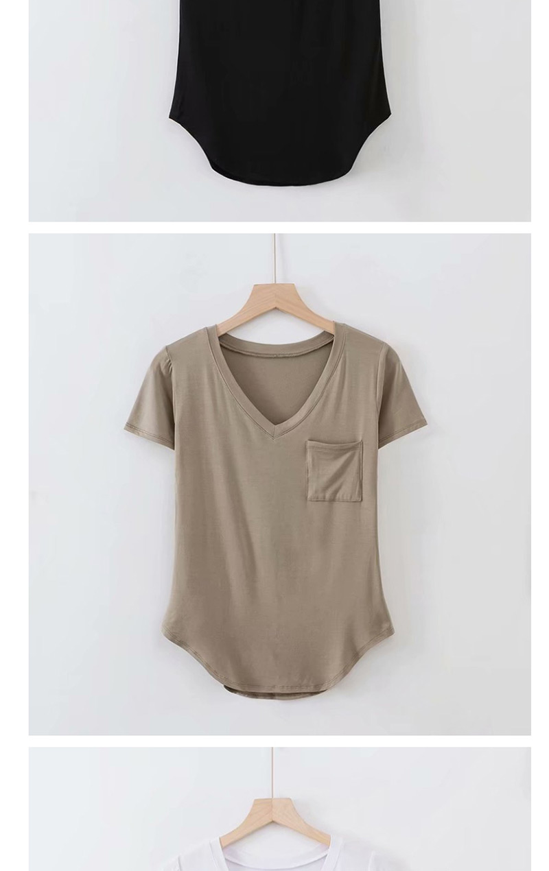 Fashion Dingzi Tea V-neck Chest Pocket Modal T-shirt,Hair Crown