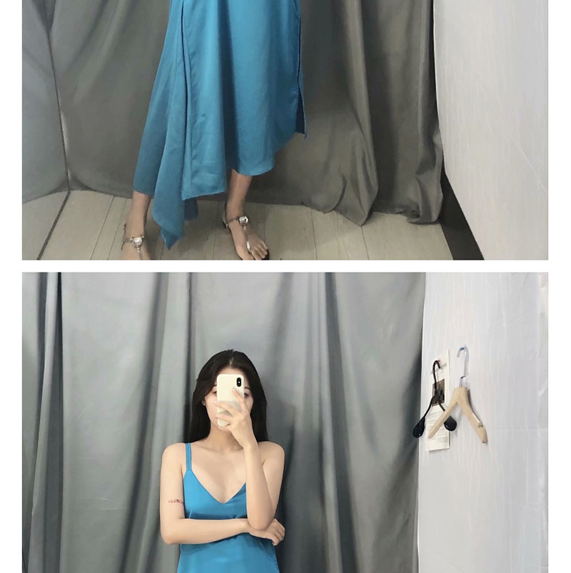 Fashion Blue Silk Satin Strapless Open Back Irregular Dress,Long Dress