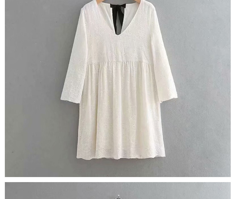 Fashion White Embroidered Openwork V-neck Back Strap Dress,Mini & Short Dresses