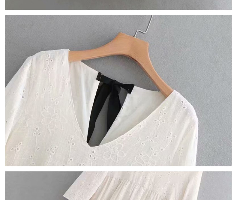 Fashion White Embroidered Openwork V-neck Back Strap Dress,Mini & Short Dresses