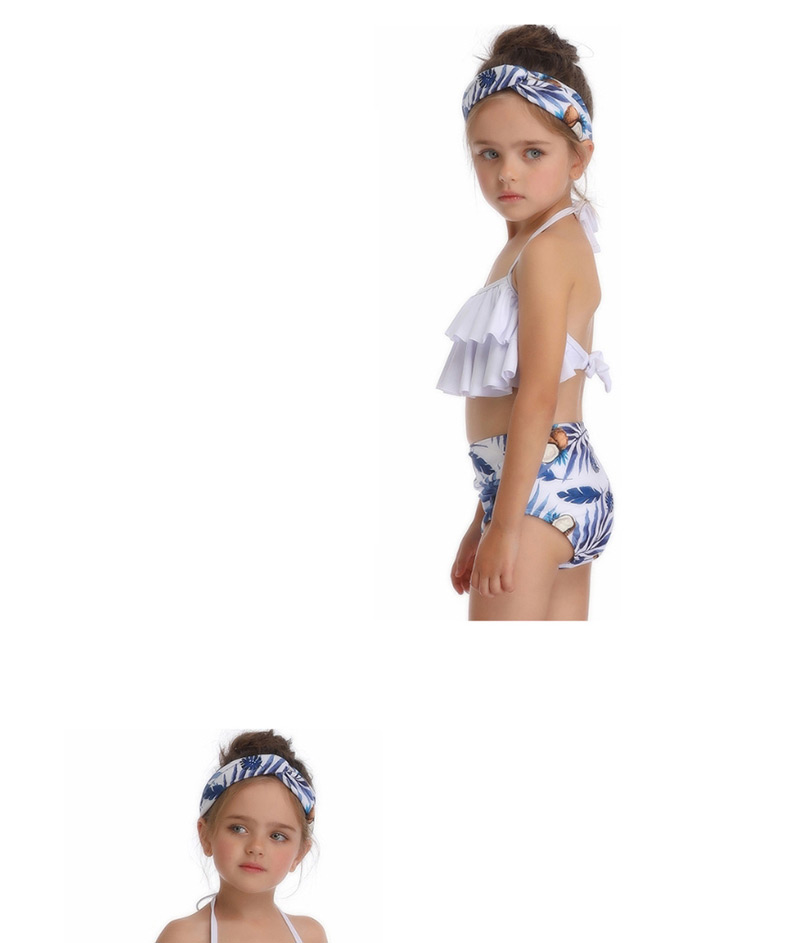 Fashion White On Blue Printed Ruffled Hanging Neck Children