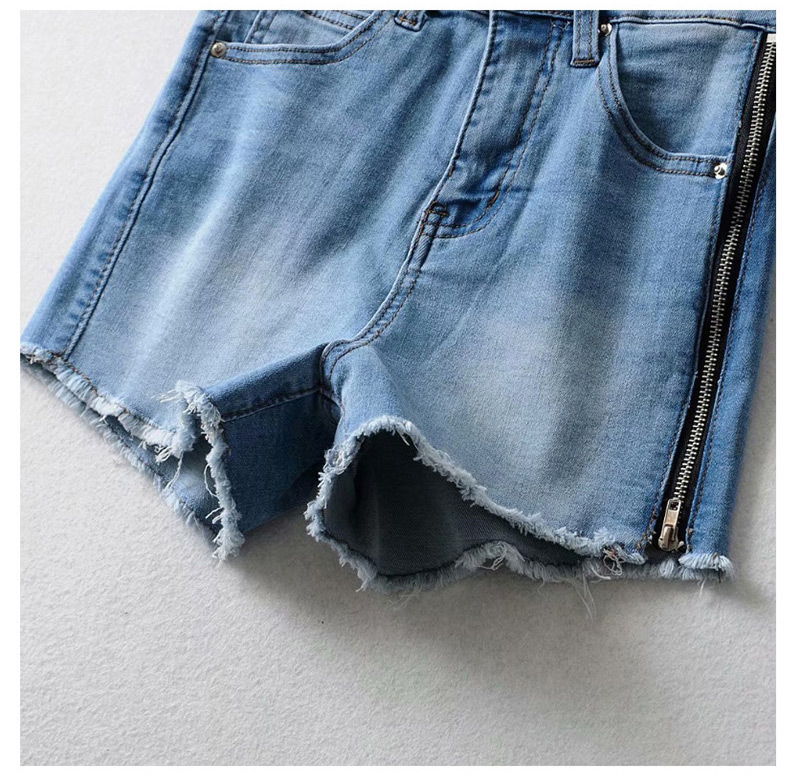 Fashion Blue Washed Side Zippered Denim Shorts,Denim