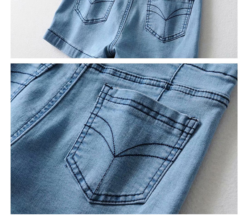 Fashion Blue Washed Zip Pocket Denim Shorts,Denim