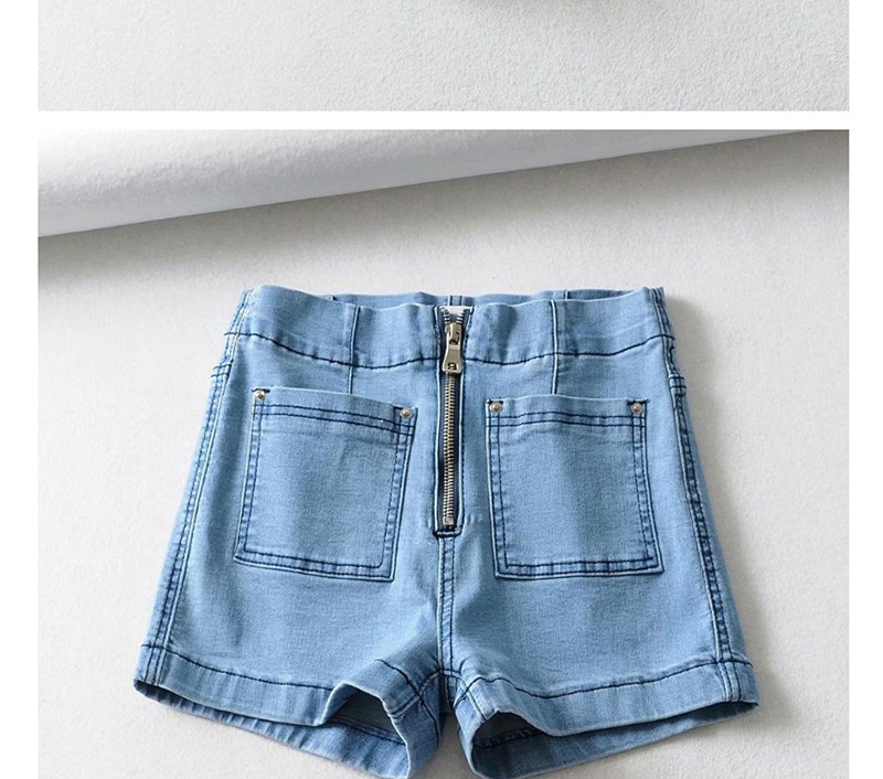 Fashion Gray Washed Zip Pocket Denim Shorts,Denim