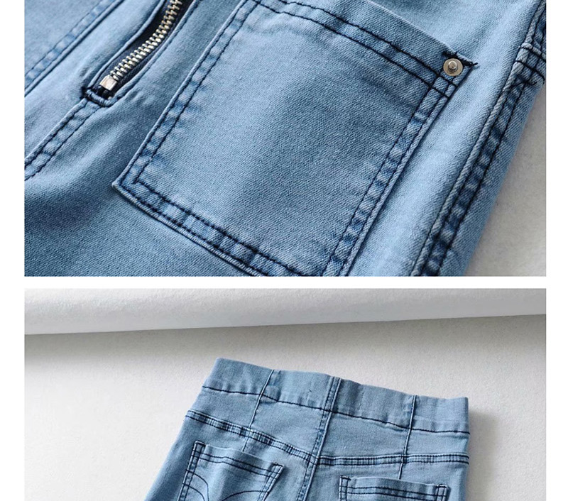 Fashion Blue Washed Zip Pocket Denim Shorts,Denim