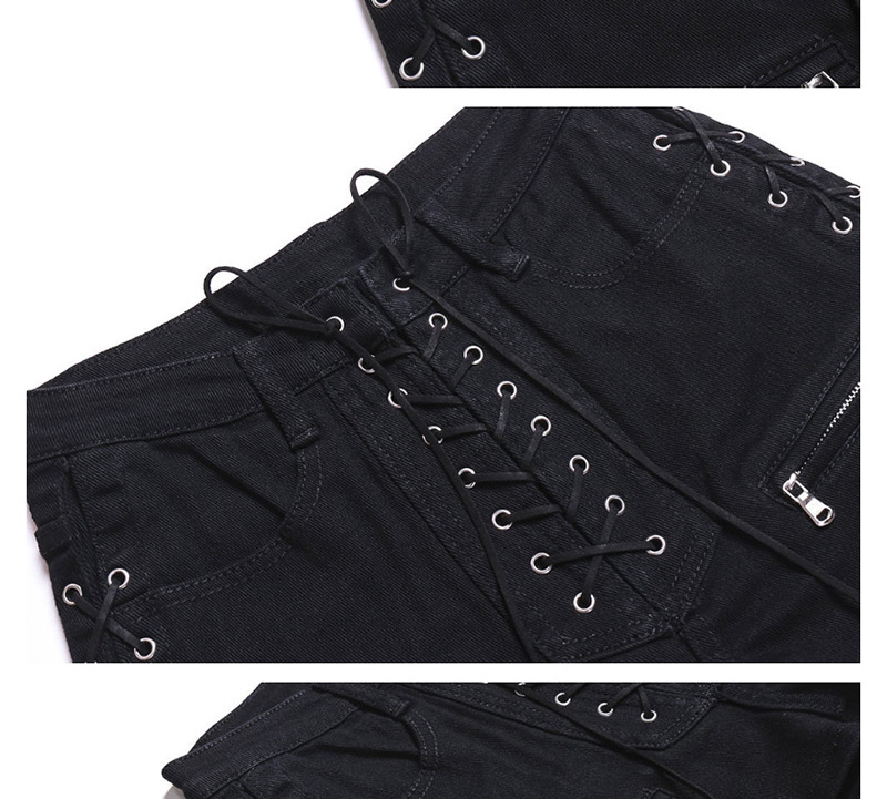 Fashion Black Washed Side Straps High Waist Denim Shorts,Shorts