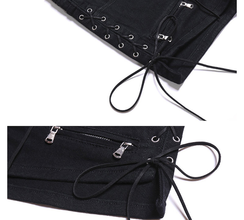 Fashion Black Washed Side Straps High Waist Denim Shorts,Shorts