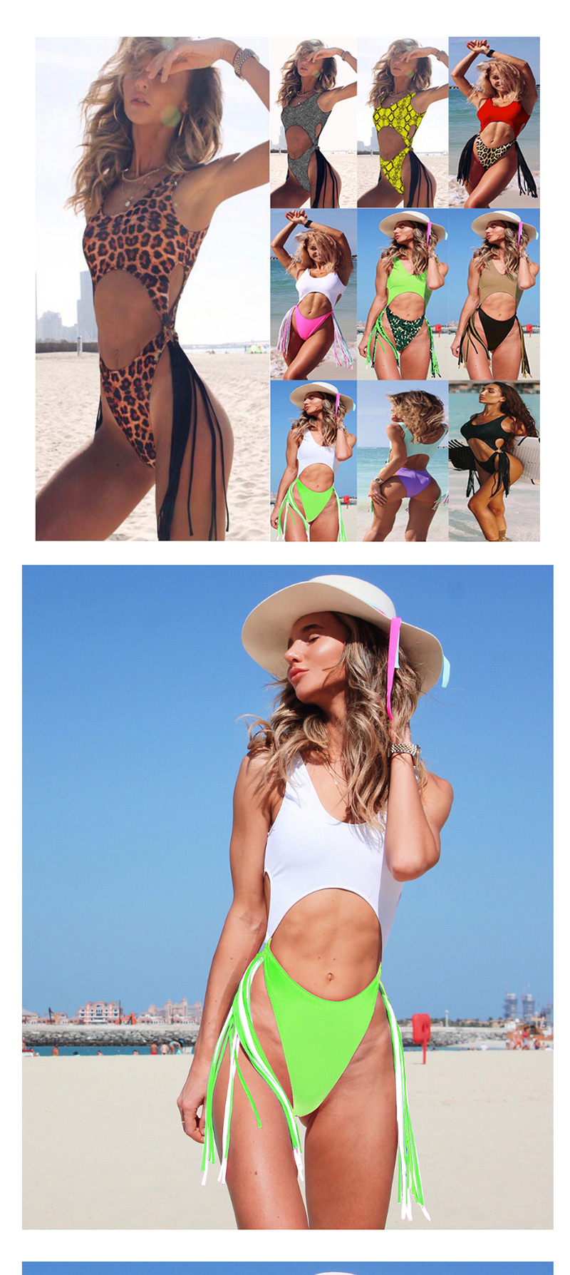 Fashion Leopard Hollow Steel Ring Tassel One-piece Swimsuit,One Pieces
