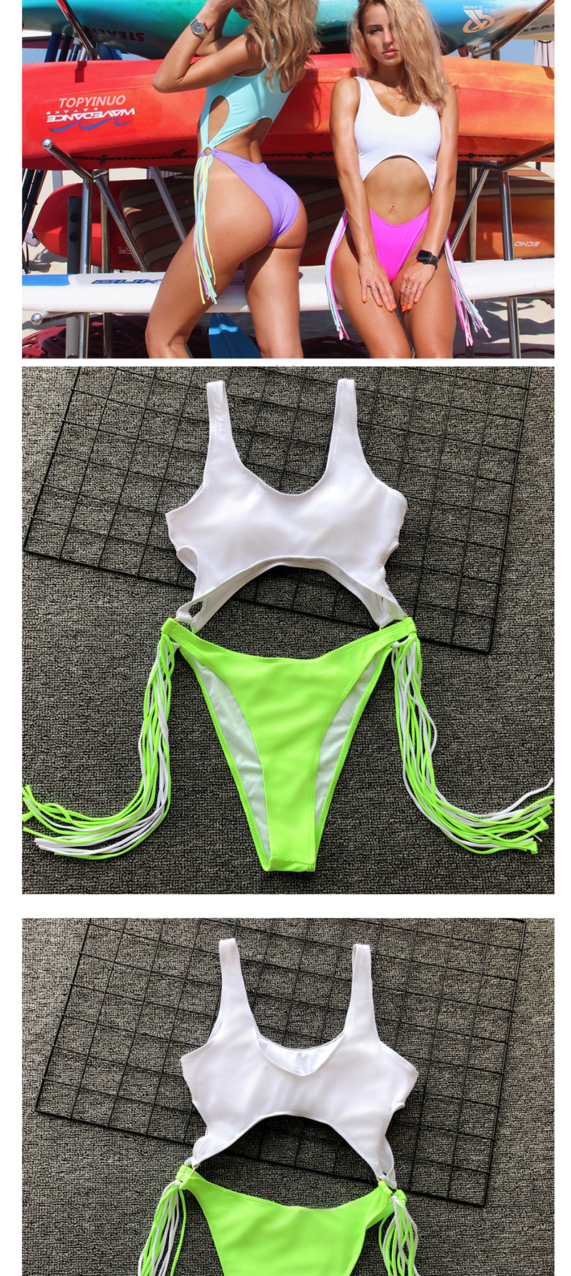 Fashion Green Hollow Steel Ring Tassel One-piece Swimsuit,One Pieces