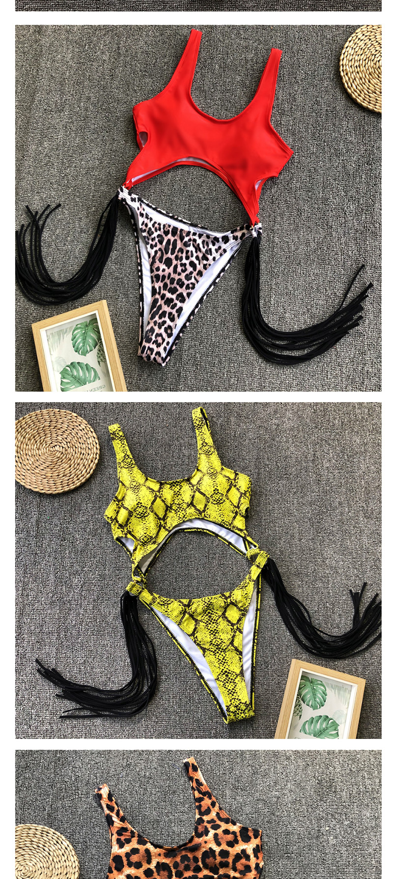 Fashion Yellow Snake Pattern Hollow Steel Ring Tassel One-piece Swimsuit,One Pieces