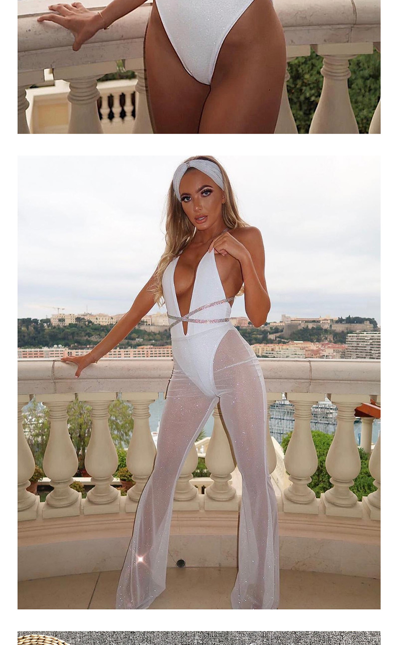 Fashion White Deep V Open Back Sequined Shoulder Strap One-piece Swimsuit,One Pieces