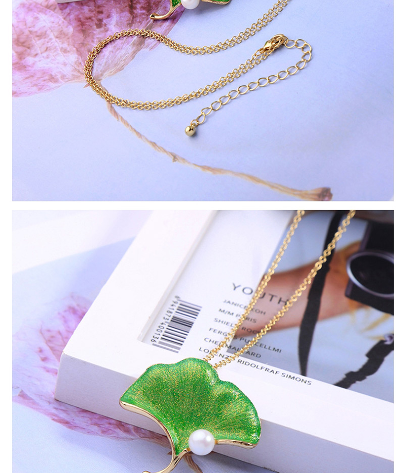 Fashion Green Drip Oil Leaf Pearl Detachable Necklace,Pendants