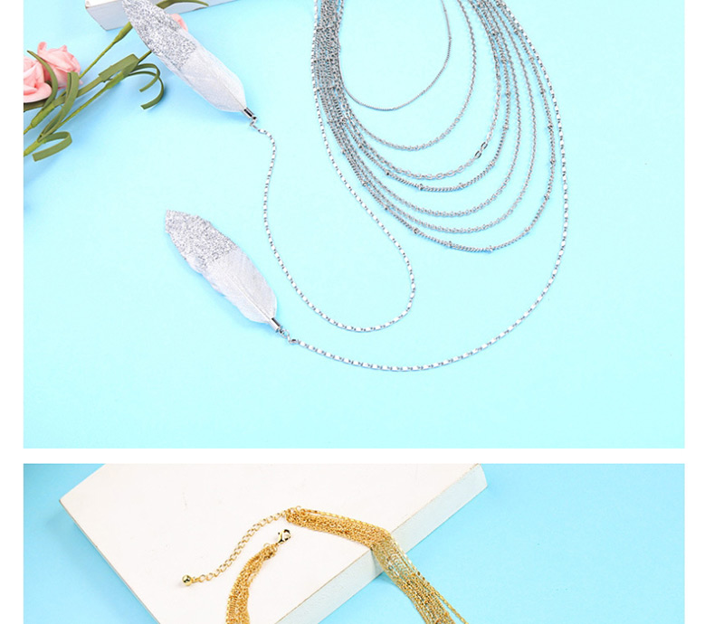 Fashion Silver Multilayer Feather Pendant Necklace,Multi Strand Necklaces