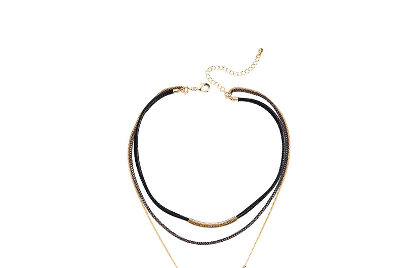 Fashion Black Multi-layer Diamond Leaf Necklace,Multi Strand Necklaces