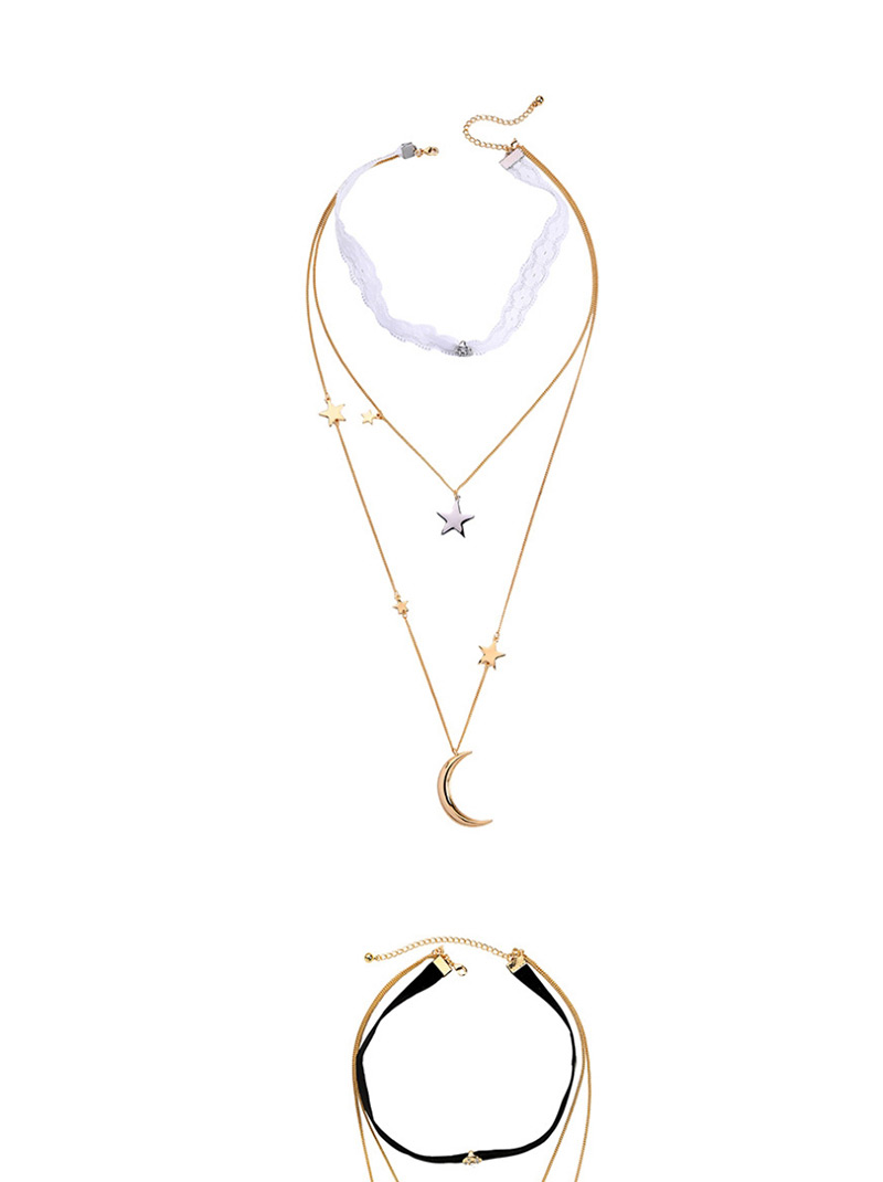 Fashion White Multi-layered Star Moon Pendant Necklace,Multi Strand Necklaces
