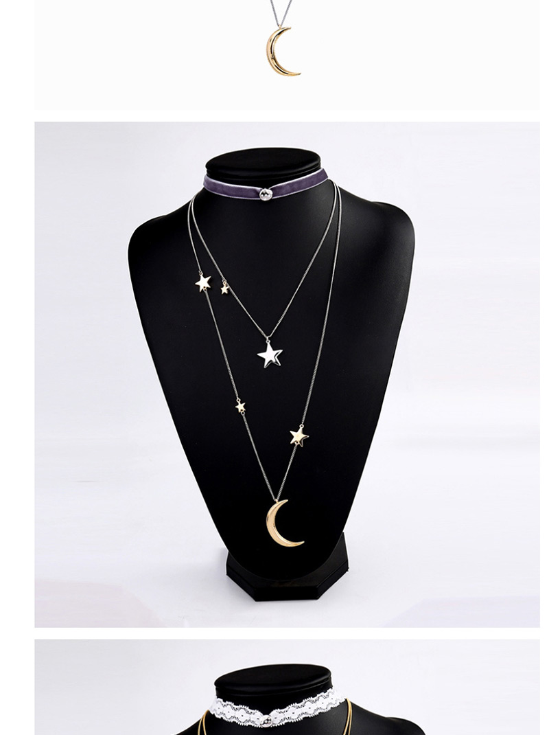 Fashion Gray Multi-layered Star Moon Pendant Necklace,Multi Strand Necklaces