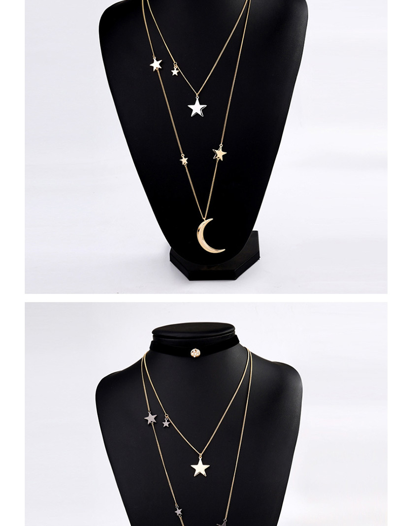 Fashion White Multi-layered Star Moon Pendant Necklace,Multi Strand Necklaces