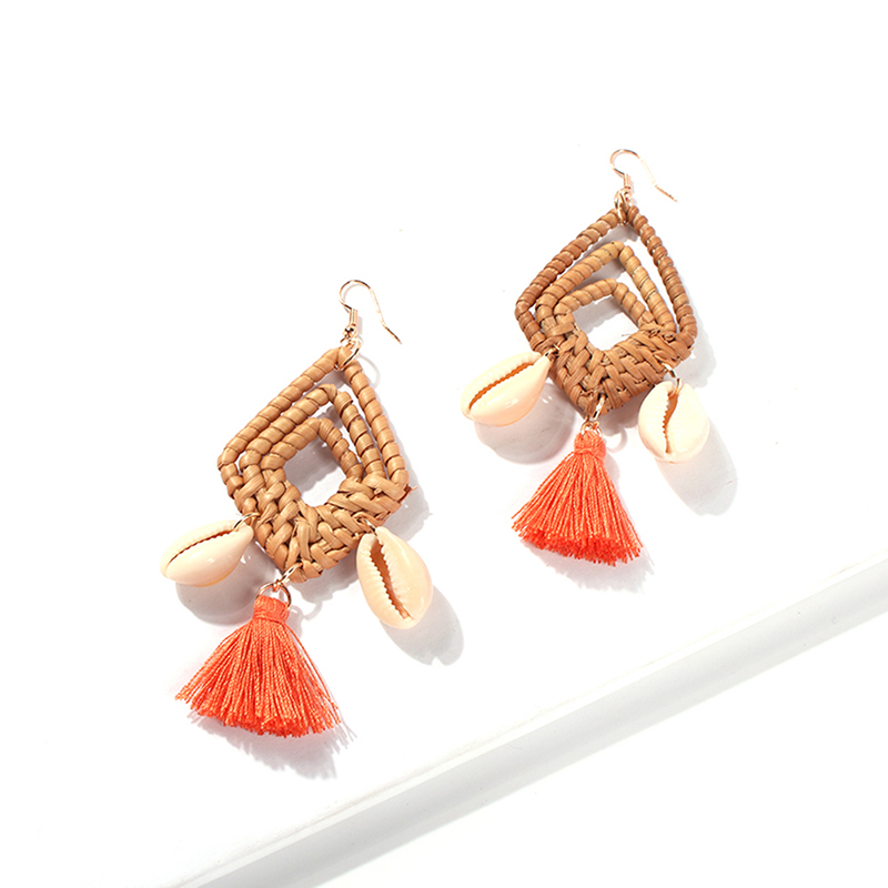 Fashion Orange Alloy Shell Rattan Diamond Tassel Earrings,Drop Earrings