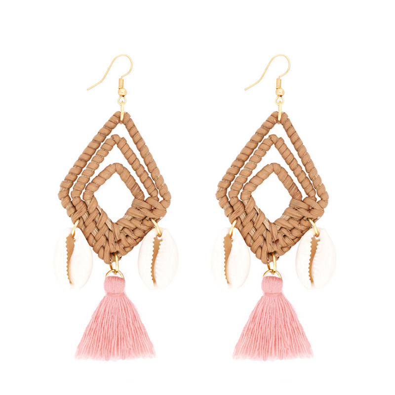 Fashion Pink Alloy Shell Rattan Diamond Tassel Earrings,Drop Earrings