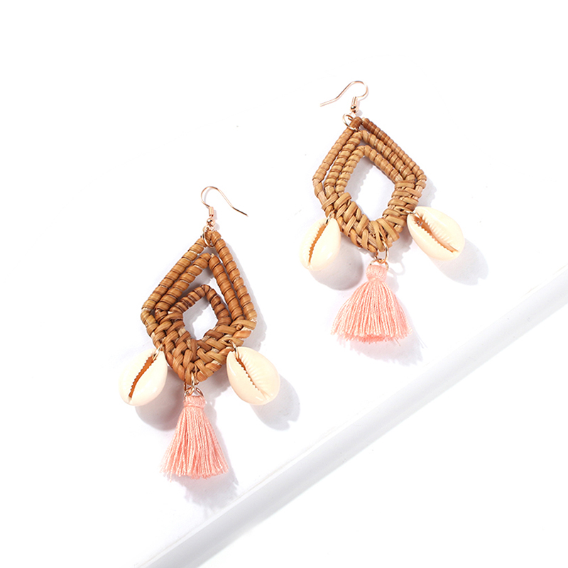 Fashion Pink Alloy Shell Rattan Diamond Tassel Earrings,Drop Earrings