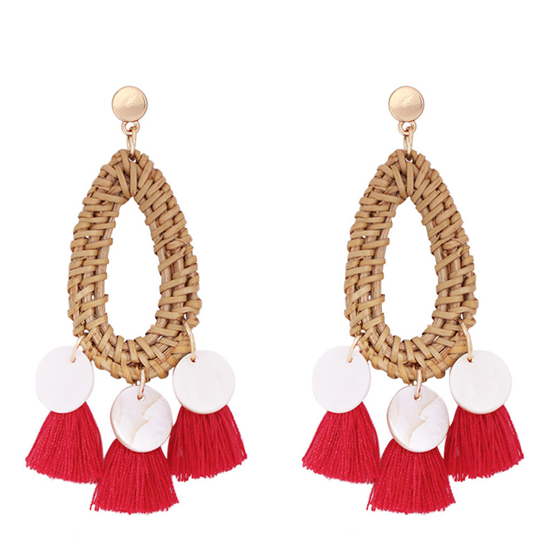 Fashion Red Alloy Shell Rattan Dripping Tassel Earrings,Drop Earrings