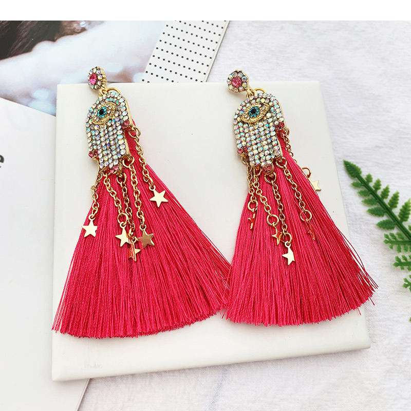 Fashion Red Alloy Studded Palm Tassel Earrings,Drop Earrings