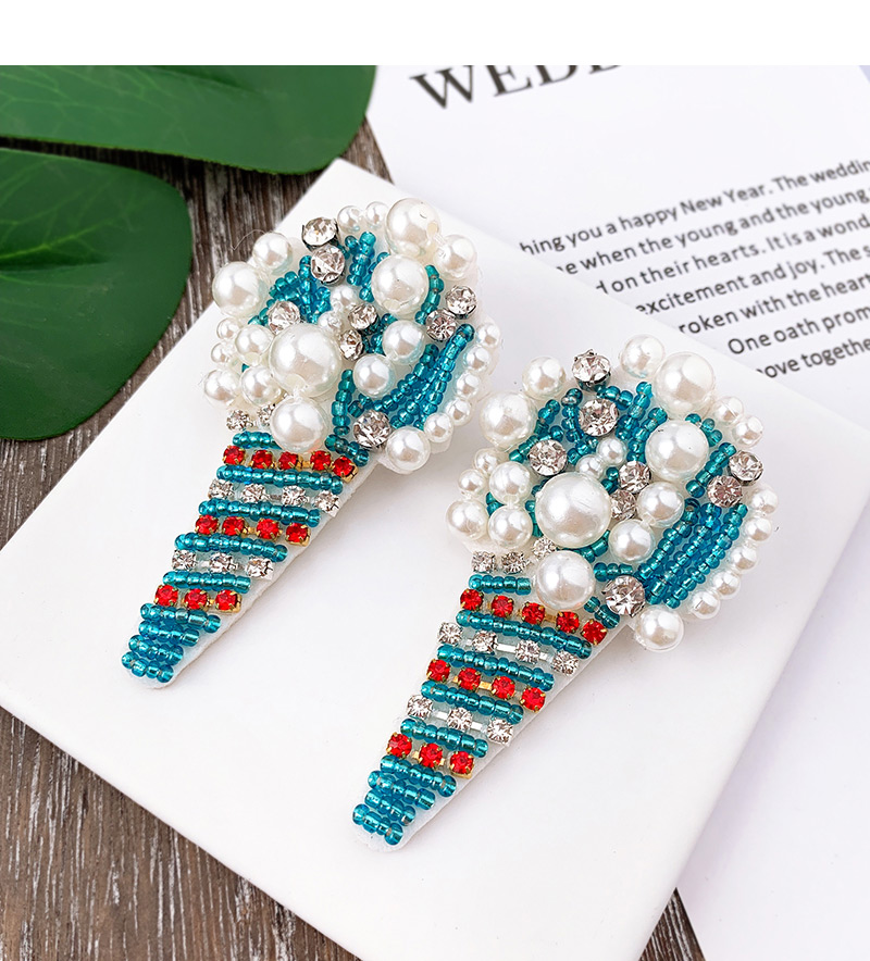 Fashion Blue Felt Cloth Rice Beads With Diamond Pearl Ice Cream Earrings,Drop Earrings