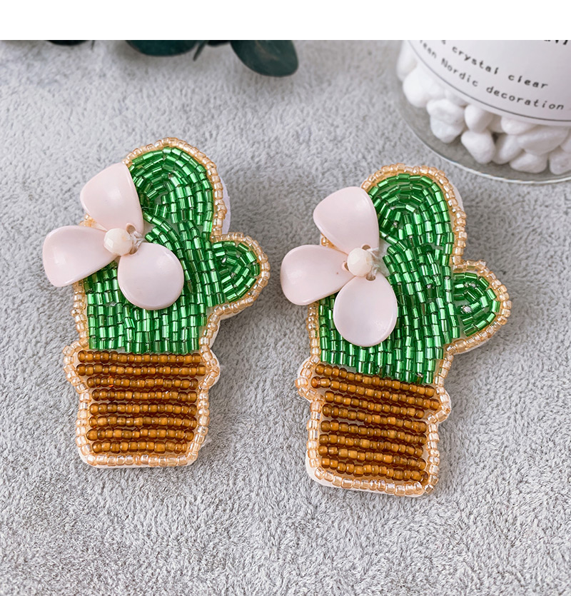 Fashion Color Felt Cloth Resin Rice Bead Cactus Earrings,Drop Earrings