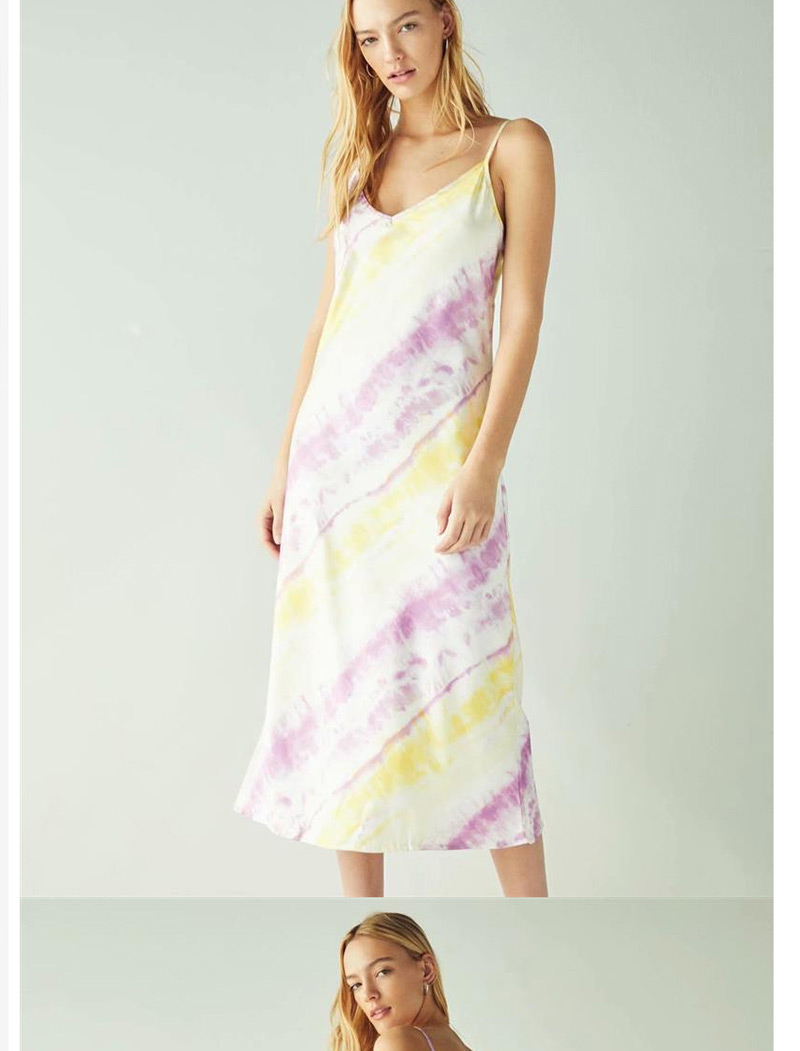 Fashion Color Satin Gradient Printed Strap Dress,Long Dress