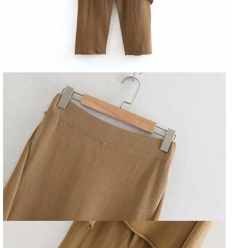 Fashion Khaki Pure Linen Split Culottes Trousers,Pants