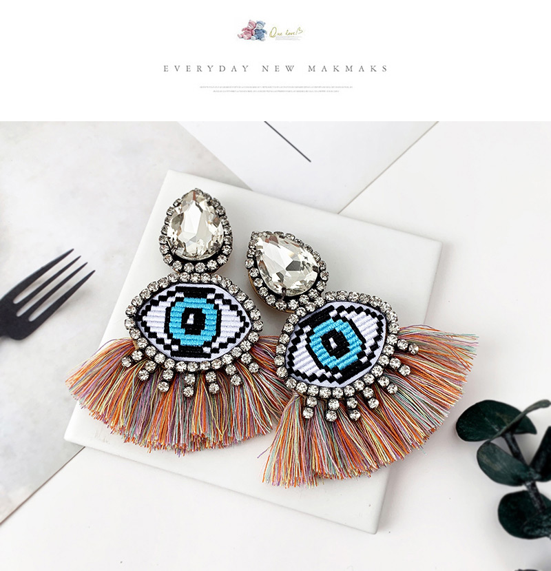 Fashion Khaki Alloy Rhinestone Eye Tassel Earrings,Drop Earrings